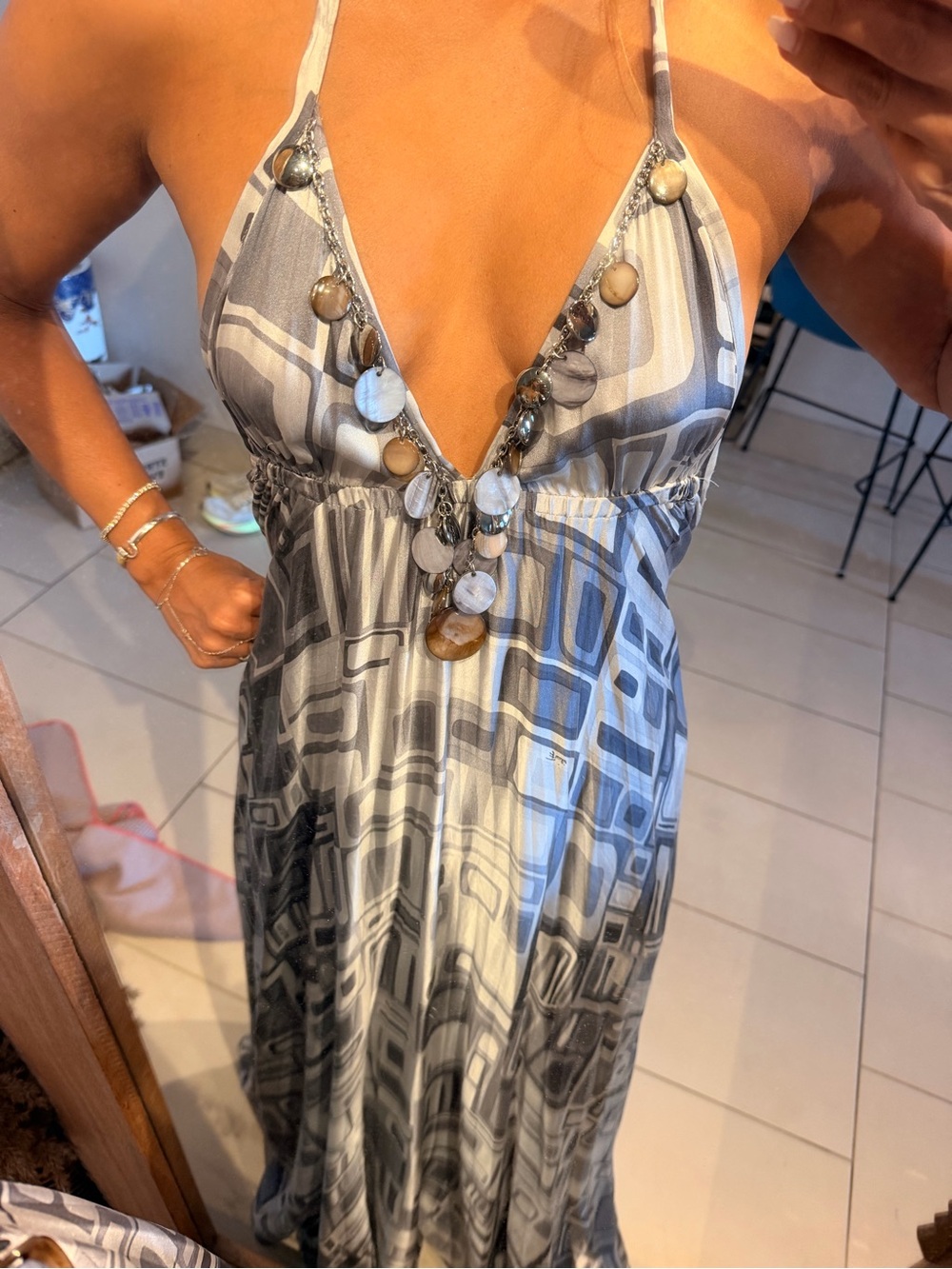 Vintage 90s Emilio Pucci Grey Geometric Halter Maxi Dress - Picture 2 of 10